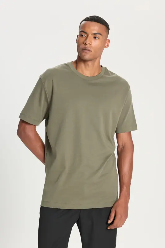 Erkek Haki %100 Pamuk Modern Fit Normal Kesim Bisiklet Yaka Tişört - Haki - 3