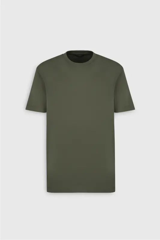 Erkek Haki %100 Pamuk Modern Fit Normal Kesim Bisiklet Yaka Tişört - Haki - 7
