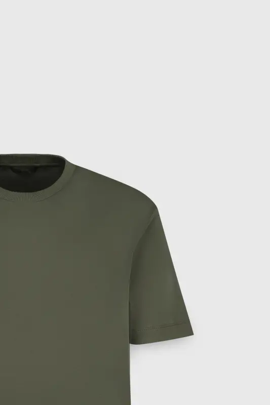 Erkek Haki %100 Pamuk Modern Fit Normal Kesim Bisiklet Yaka Tişört - Haki - 8