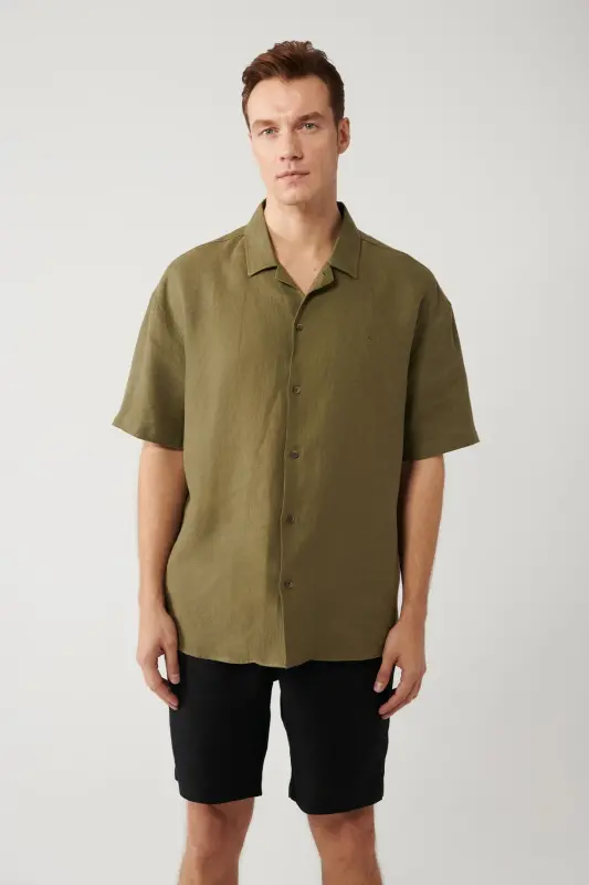 Erkek Haki Apaj Yaka %100 Keten Kısa Kol Oversize Fit Gömlek A41Y2209-Haki - 1