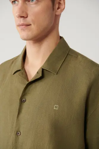 Erkek Haki Apaj Yaka %100 Keten Kısa Kol Oversize Fit Gömlek A41Y2209 - Haki - 2