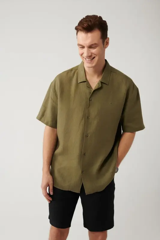 Erkek Haki Apaj Yaka %100 Keten Kısa Kol Oversize Fit Gömlek A41Y2209 - Haki - 3