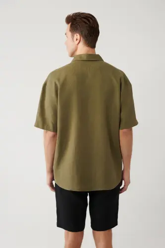 Erkek Haki Apaj Yaka %100 Keten Kısa Kol Oversize Fit Gömlek A41Y2209 - Haki - 4