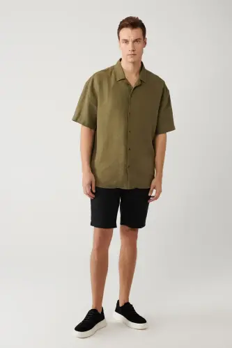 Erkek Haki Apaj Yaka %100 Keten Kısa Kol Oversize Fit Gömlek A41Y2209 - Haki - 5