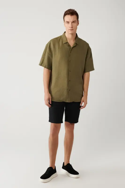 Erkek Haki Apaj Yaka %100 Keten Kısa Kol Oversize Fit Gömlek A41Y2209 - Haki - 5