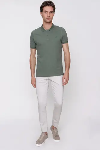 Erkek Haki Basic Düz %100 Pamuk Slim Fit Dar Kesim Kısa Kollu Polo Yaka Tişört - 4