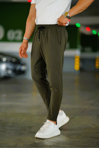 Erkek HAKİ Beli Lastikli Bağcıklı Desenli Esnek Slim Fit Kesim Jogger Pantolon - CEYHANPARK