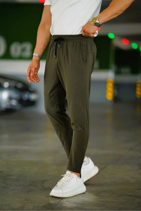 Erkek HAKİ Beli Lastikli Bağcıklı Desenli Esnek Slim Fit Kesim Jogger Pantolon - 1