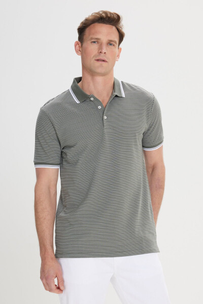 Erkek Haki-Beyaz Slim Fit Dar Kesim Pamuklu Çizgili Polo Yaka Tişört - HAKI BEYAZ - 3