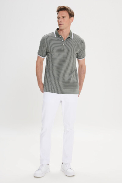 Erkek Haki-Beyaz Slim Fit Dar Kesim Pamuklu Çizgili Polo Yaka Tişört - HAKI BEYAZ - 4