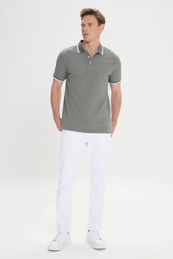 Erkek Haki-Beyaz Slim Fit Dar Kesim Pamuklu Çizgili Polo Yaka Tişört - HAKI BEYAZ - 4