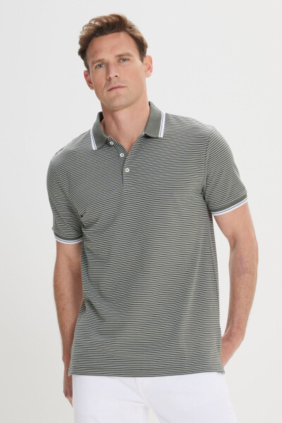 Erkek Haki-Beyaz Slim Fit Dar Kesim Pamuklu Çizgili Polo Yaka Tişört - HAKI BEYAZ - 5