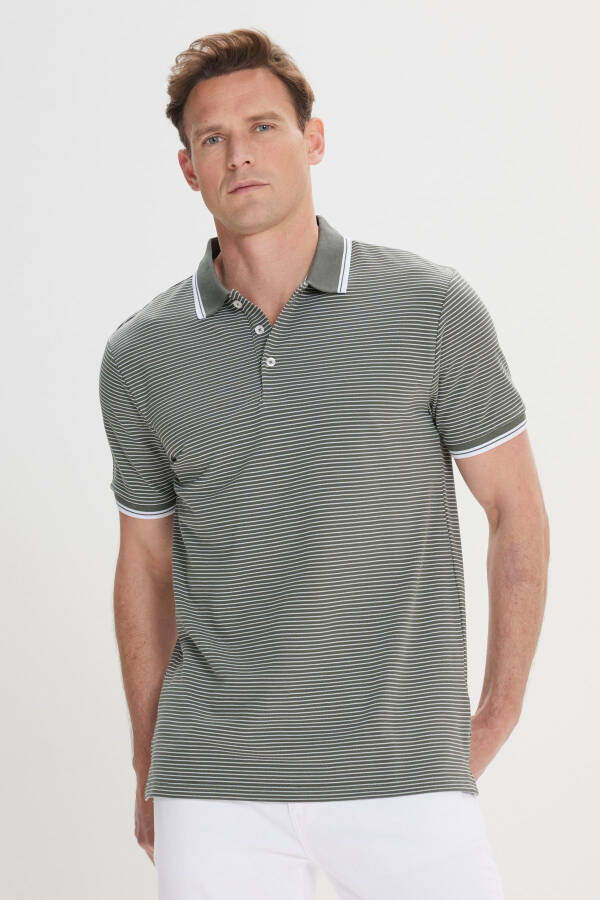Erkek Haki-Beyaz Slim Fit Dar Kesim Pamuklu Çizgili Polo Yaka Tişört - HAKI BEYAZ - 5