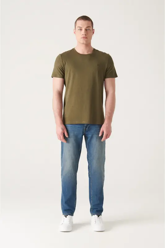 Erkek Haki Bisiklet Yaka Soft Touch Basic Regular Fit T-Shirt B001171 - Haki - 5