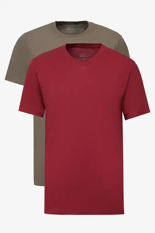 Erkek HAKI-BORDO 2'li Paket Slim Fit Dar Kesim Pamuklu Basic Tişört - Haki-Bordo - AC&CO / ALTINYILDIZ CLASSICS