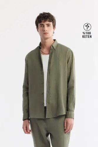 Erkek Haki Comfort Fit %100 Keten Düğmeli Yaka Gömlek B002191-Haki 