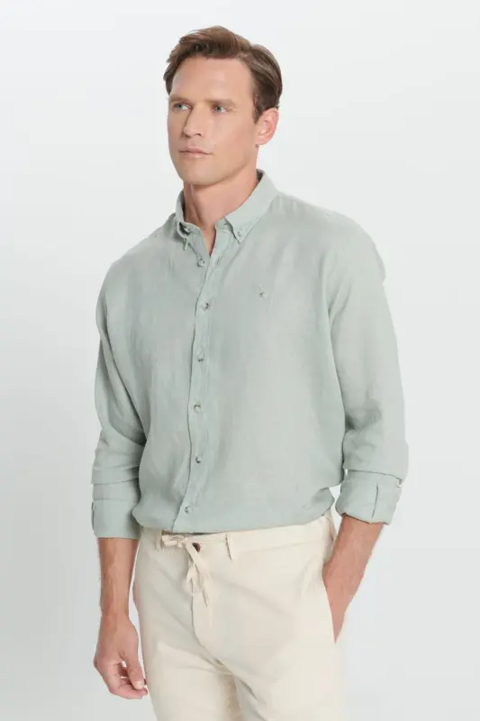 Erkek Haki Comfort Fit Rahat Kesim %100 Keten Düğmeli Yaka Gömlek-Haki - 1