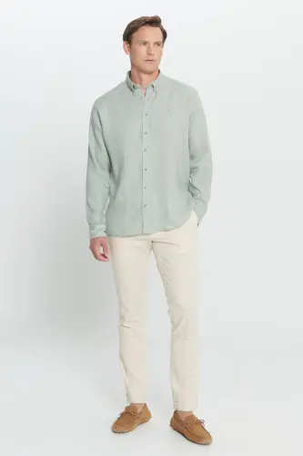 Erkek Haki Comfort Fit Rahat Kesim %100 Keten Düğmeli Yaka Gömlek-Haki - 2
