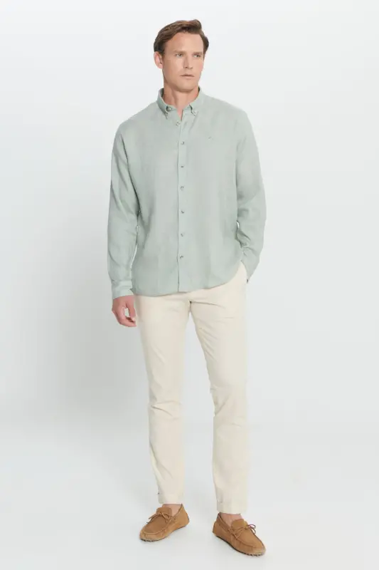 Erkek Haki Comfort Fit Rahat Kesim %100 Keten Düğmeli Yaka Gömlek-Haki - 2