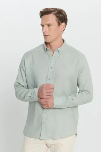 Erkek Haki Comfort Fit Rahat Kesim %100 Keten Düğmeli Yaka Gömlek-Haki - 3