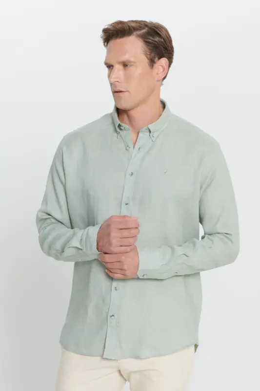 Erkek Haki Comfort Fit Rahat Kesim %100 Keten Düğmeli Yaka Gömlek-Haki - 3