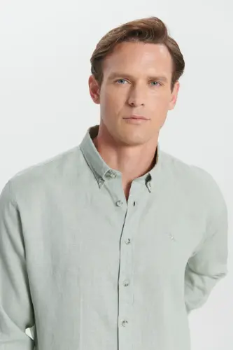 Erkek Haki Comfort Fit Rahat Kesim %100 Keten Düğmeli Yaka Gömlek-Haki - 5