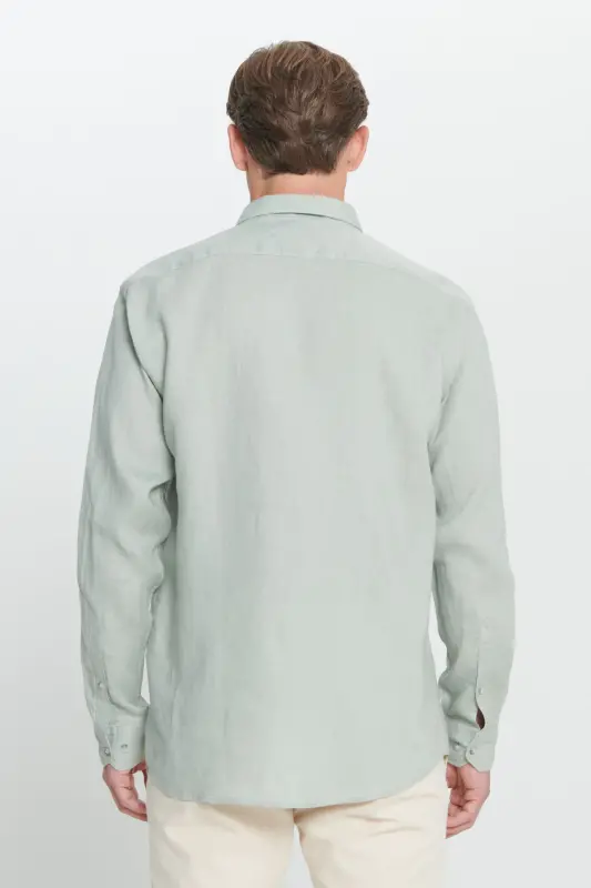 Erkek Haki Comfort Fit Rahat Kesim %100 Keten Düğmeli Yaka Gömlek-Haki - 6