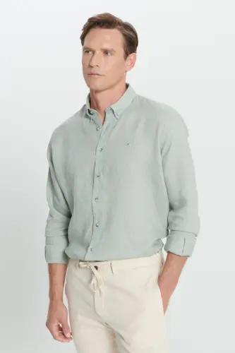 Erkek Haki Comfort Fit Rahat Kesim %100 Keten Düğmeli Yaka Gömlek-Haki - 1