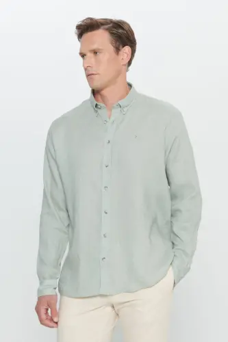 Erkek Haki Comfort Fit Rahat Kesim %100 Keten Düğmeli Yaka Gömlek-Haki - 4