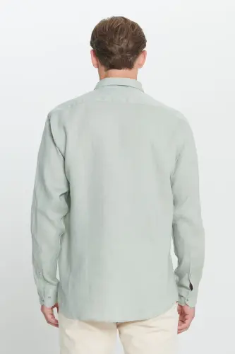 Erkek Haki Comfort Fit Rahat Kesim %100 Keten Düğmeli Yaka Gömlek-Haki - 6