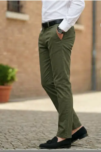 Erkek Haki Gabardin Pamuklu Slim Fit Esnek Ofis Stili Chino Pantolon - Haki - THESEASON (1)