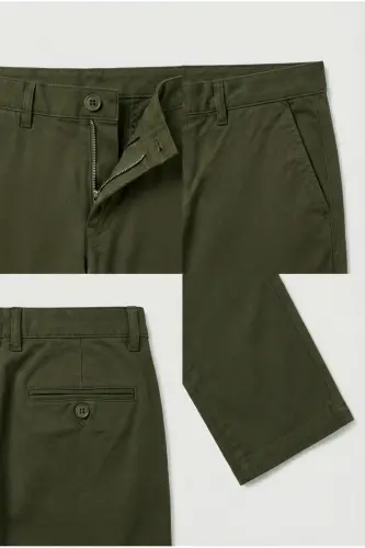 Erkek Haki Gabardin Pamuklu Slim Fit Esnek Ofis Stili Chino Pantolon - Haki - 4
