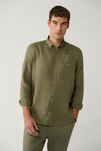Erkek Haki Düğmeli Yaka %100 Keten Nakışlı Comfort Fit Gömlek A41Y2232-Haki 