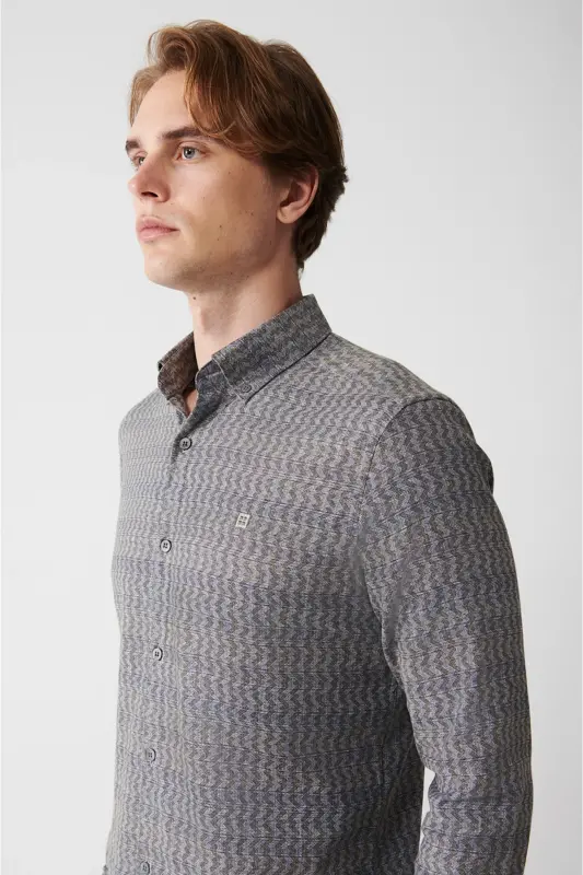 Erkek Haki Düğmeli Yaka Desenli Esnek Pamuklu Slim Fit Gömlek A32Y2145-Haki - 2