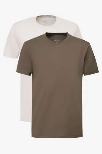 Erkek HAKI-GRI 2'li Paket Slim Fit Dar Kesim Pamuklu Basic Tişört - HAKI-GRI 
