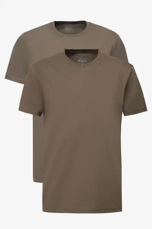 Erkek HAKI-HAKI 2'li Paket Slim Fit Dar Kesim Pamuklu Basic Tişört - HAKI-HAKI - 1