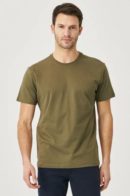 Erkek HAKI-HAKI 2'li Paket Slim Fit Dar Kesim Pamuklu Basic Tişört - HAKI-HAKI - 2