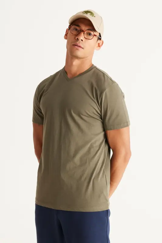 Erkek HAKI-HAKI 2'li Paket Slim Fit Dar Kesim Pamuklu Basic Tişört - HAKI-HAKI - 3