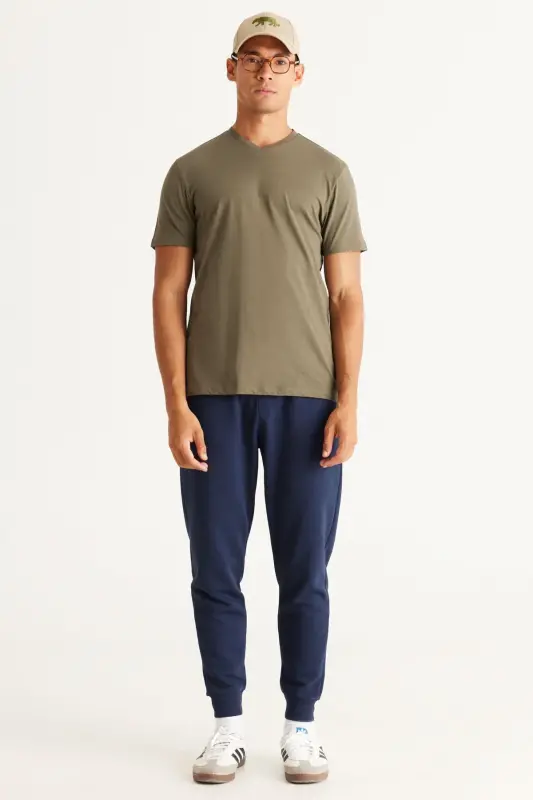 Erkek HAKI-HAKI 2'li Paket Slim Fit Dar Kesim Pamuklu Basic Tişört - HAKI-HAKI - 4