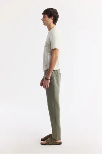 Erkek Haki Beli Lastikli %100 Keten Relaxed Fit Pantolon B003032-Haki - AVVA (1)