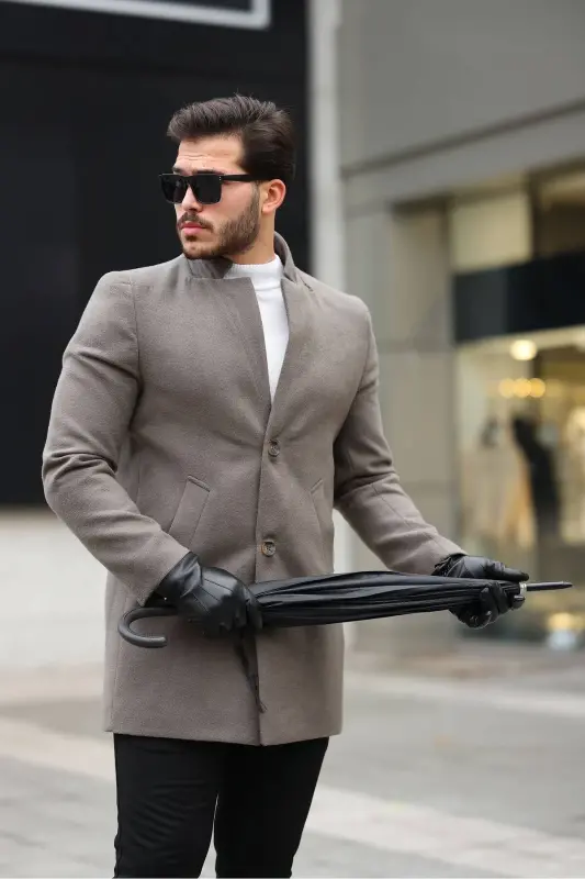 Erkek Haki Kaşe Kaban Slim Fit Dik Yaka Kışlık Kaban Palto - Haki01 - 1