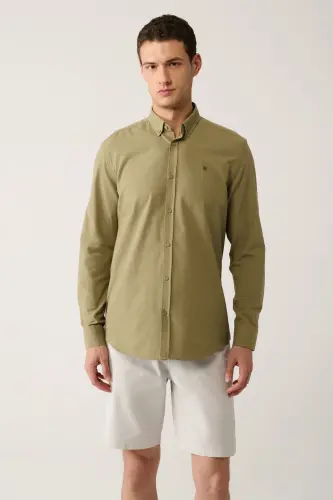 Erkek Haki Düğmeli Yaka %100 Pamuk Keten Dokulu Comfort Fit Gömlek E002141 - Haki 