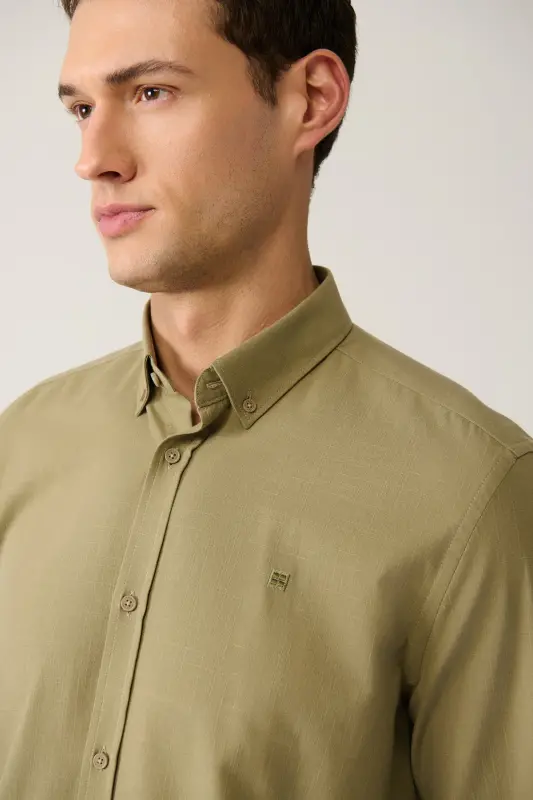 Erkek Haki Keten Dokulu Gömlek E002141-Haki - 2