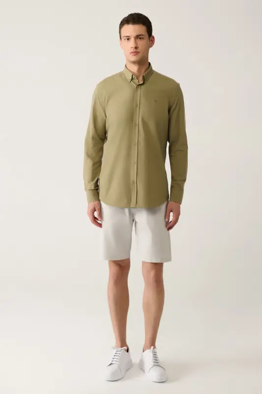 Erkek Haki Keten Dokulu Gömlek E002141-Haki - 5