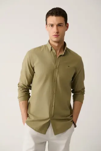 Erkek Haki Düğmeli Yaka %100 Pamuk Keten Dokulu Comfort Fit Gömlek E002141 - Haki - 3