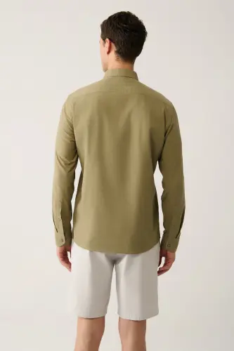 Erkek Haki Düğmeli Yaka %100 Pamuk Keten Dokulu Comfort Fit Gömlek E002141 - Haki - 4