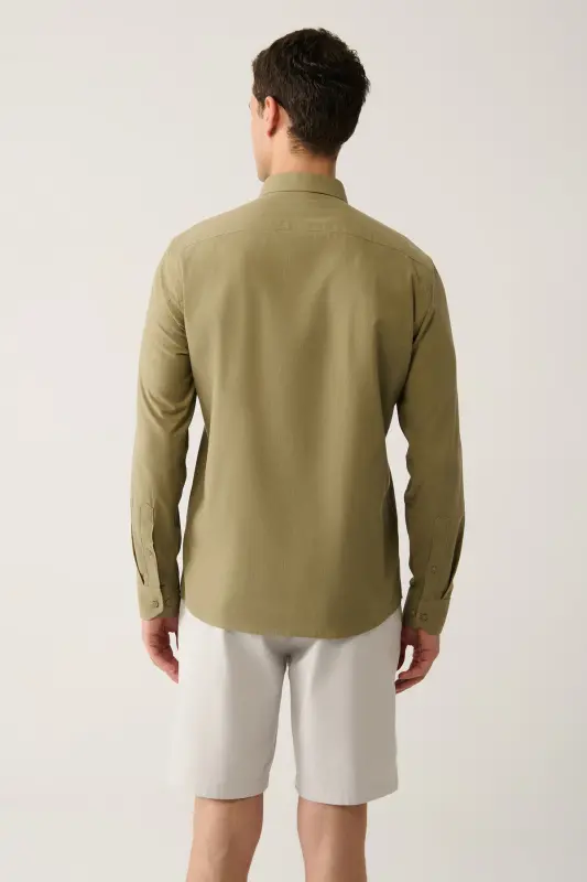 Erkek Haki Düğmeli Yaka %100 Pamuk Keten Dokulu Comfort Fit Gömlek E002141 - Haki - 4