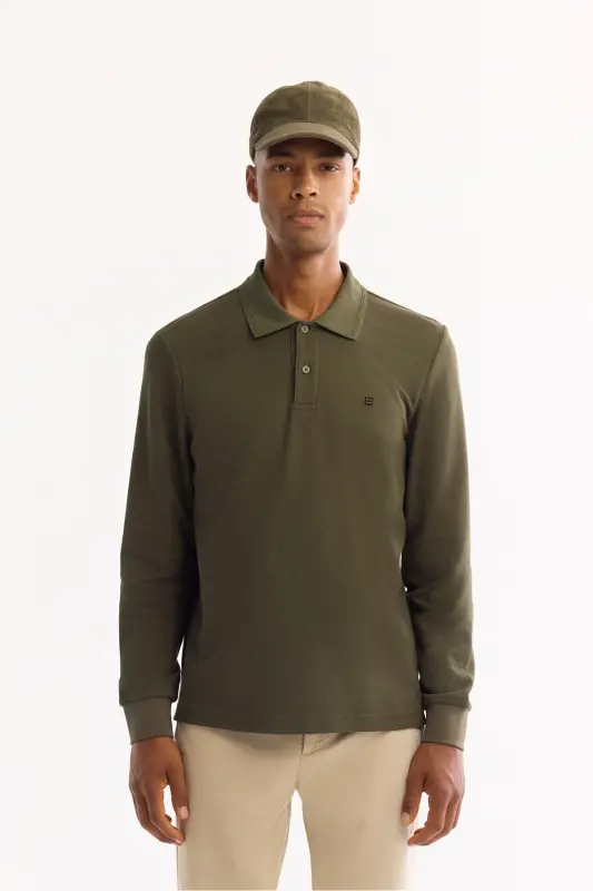Erkek Haki Kıvrılmaz Polo Yaka Kolay Ütülenen Basic Sweatshirt B001080 - Haki - 1
