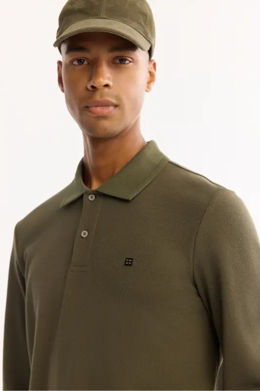 Erkek Haki Kıvrılmaz Polo Yaka Kolay Ütülenen Basic Sweatshirt B001080 - Haki - 2