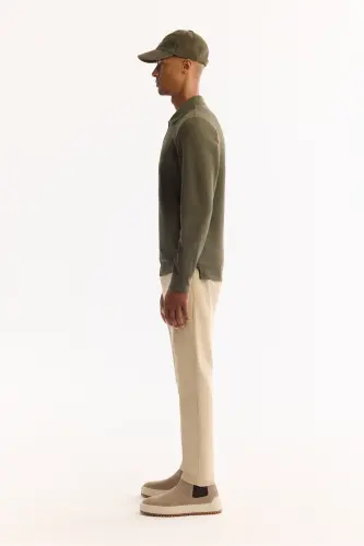 Erkek Haki Kıvrılmaz Polo Yaka Kolay Ütülenen Basic Sweatshirt B001080 - Haki - 3